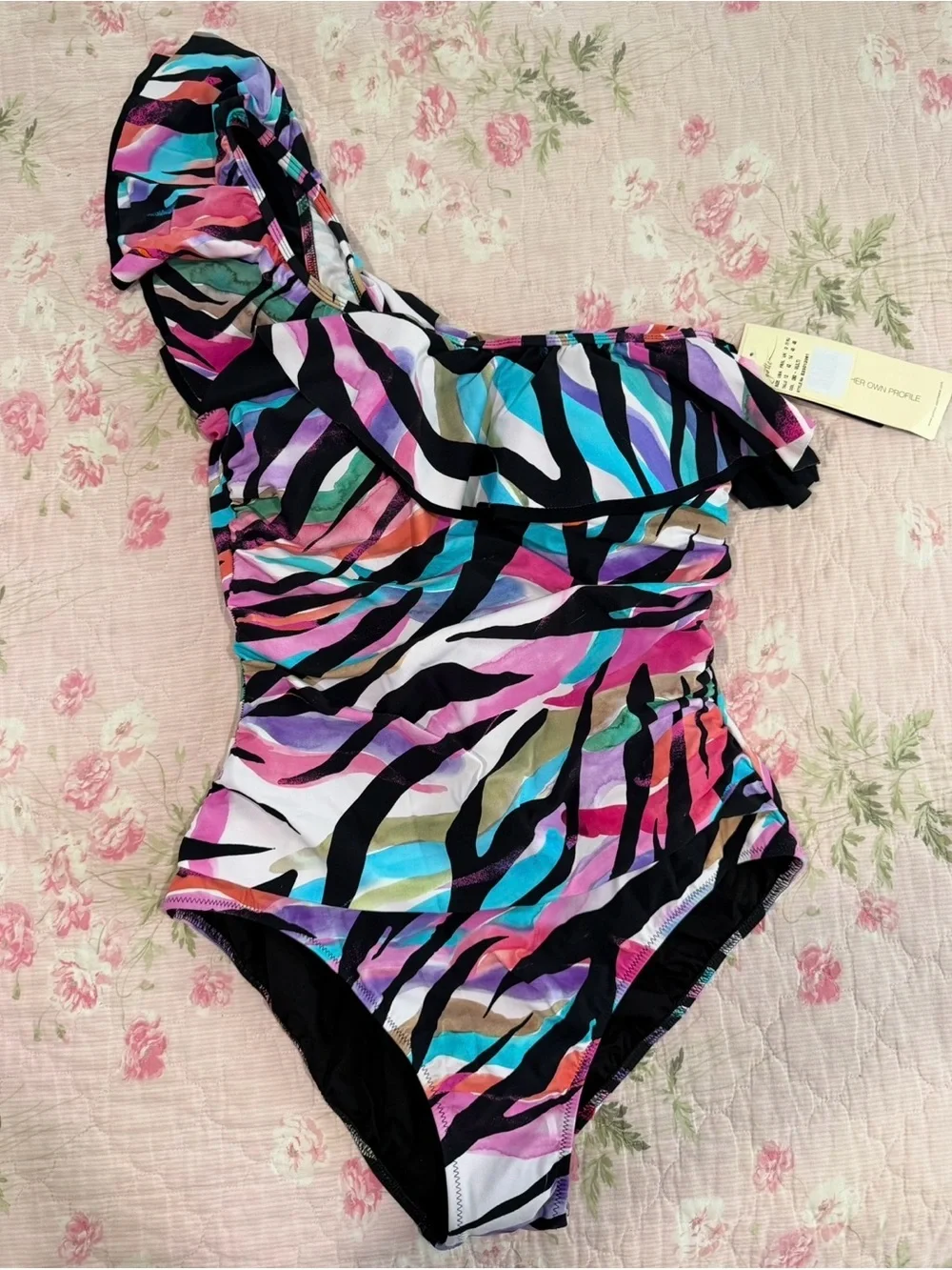 Profile by Gottex One-Shoulder One-Piece Swimsuit size 12 NWT Wild Parade